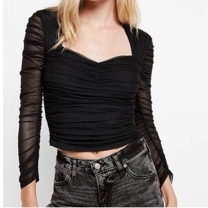 Express black mesh ruched body contour long sleeve sweetheart top large NWT